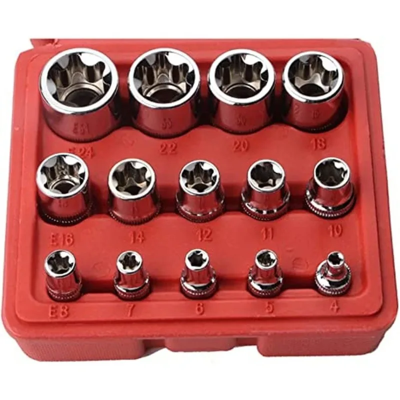 14Pcs E-Torx Hexagonal Plum Socket Set with Case 1/4, 3/8, 1/2 in Drive Female External Star Socket Set E4-E24 Torque Sockets