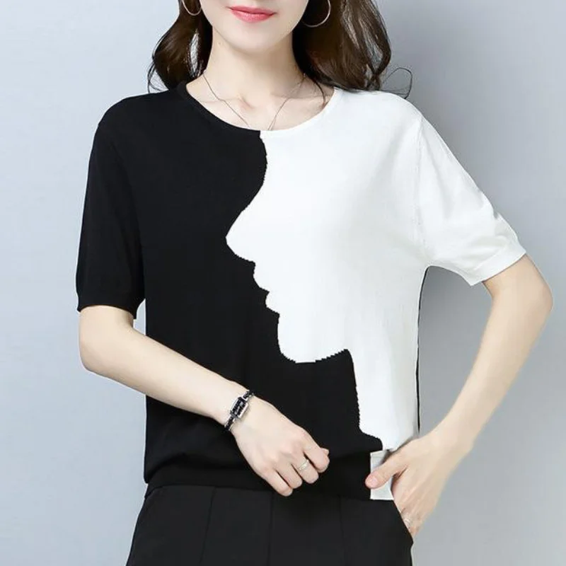 

Korean Clothing Women New Summer Short Sleeve T-shirt Contrast Color Fashion Female Basic Chic All-match Casual Knitted Top 2023