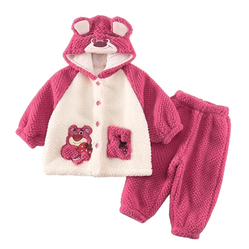 Children'S Cute Cartoon Strawberry Bear Thick Cardigan Pajamas Winter New Coral Velvet Home Clothes Warm Set Safety Class B