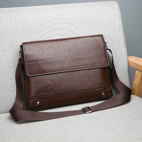 Imagen 2 del producto Bandolera de cuero Retro de Color sólido para hombre, bolso de mensajero de negocios informal, bolso de viaje de papel Horizontal A4, maletín, bolso para ordenador portátil