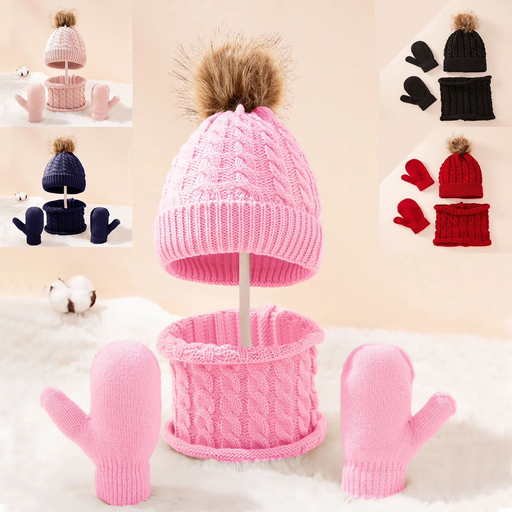 Детская шапка, шарф, комплект из трех предметов, зимний теплый вязаный теплый детский комплект из искусственной шерсти Альпака для девочек и мальчиков