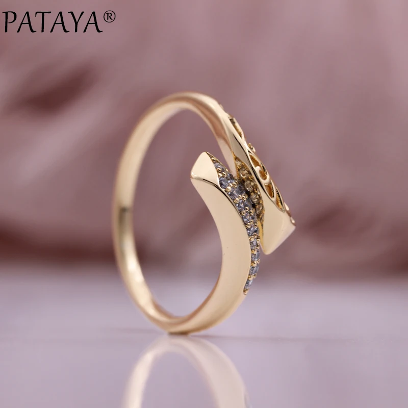 PATAYA New Natural Zircon Metal Hollow Rings 585 Rose Gold Color Women Modern Fashion Jewelry Creative Unique Lovely Rings