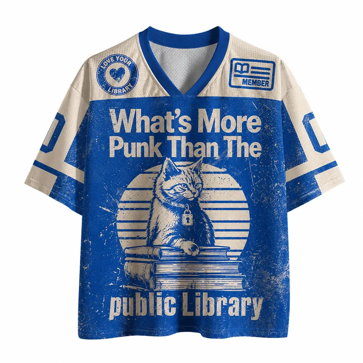 T-shirt col en V style rétro avec impression 3D motif bibliothèque publique et chat, nouvelle collection été 2026, pour loisirs et fitness en extérieur