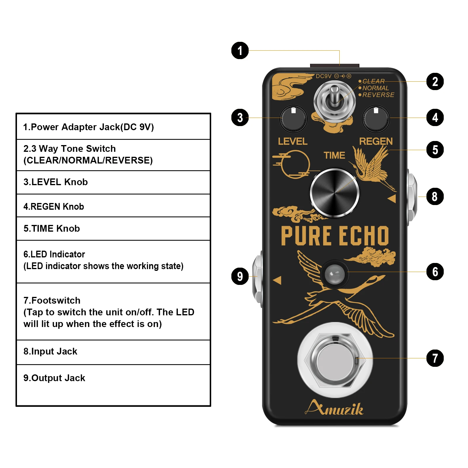 Amuzik-Pure Echo Guitar Effect Pedal, Analog, Digital Delay Effects, Clear Normal Reverse, 3 Modes