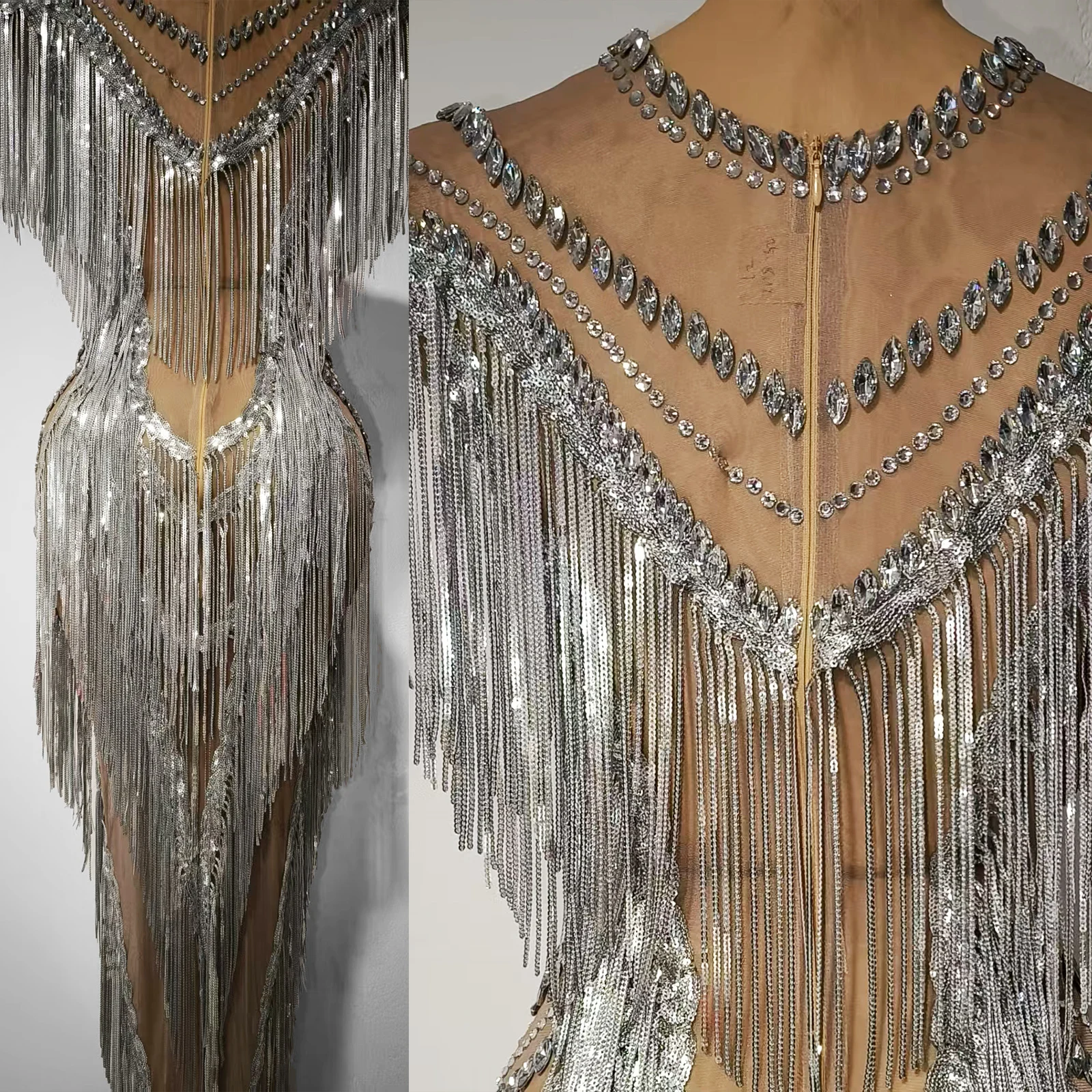 فاخر سباركلي حجر الراين الشظية هامش شبكة فستان طويل حفلة موسيقية مساء ملهى ليلي مهرجان المغني مرحلة الأداء زي