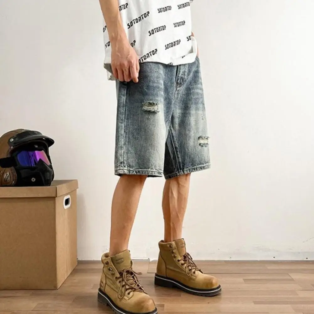 Comfortable Denim Shorts Stylish Men's Denim Shorts Straight Leg Multi Pockets Ripped Holes Design for Casual Fashion Button