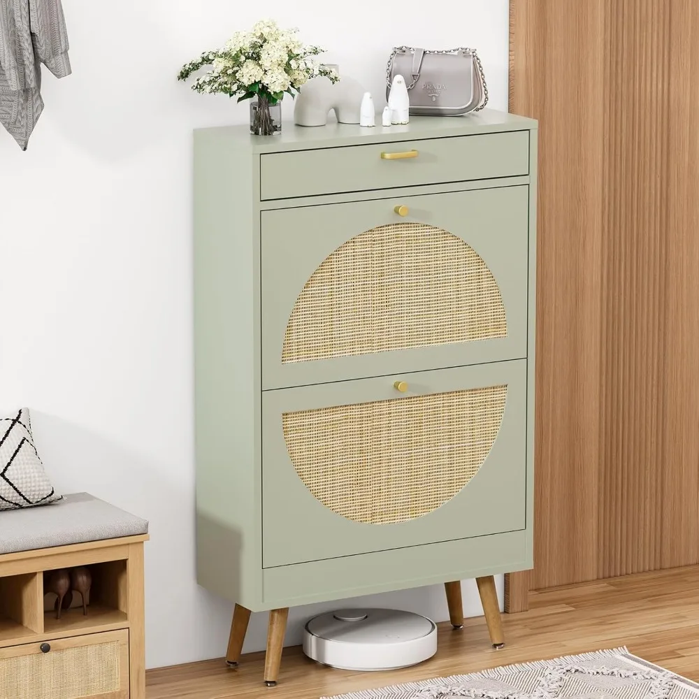 

Shoe Rack Storage Organizer with 2 Natural Semi-Circular Rattan Doors, Entryway Wooden Shoe Cabinet for Sneakers, Leather Shoes
