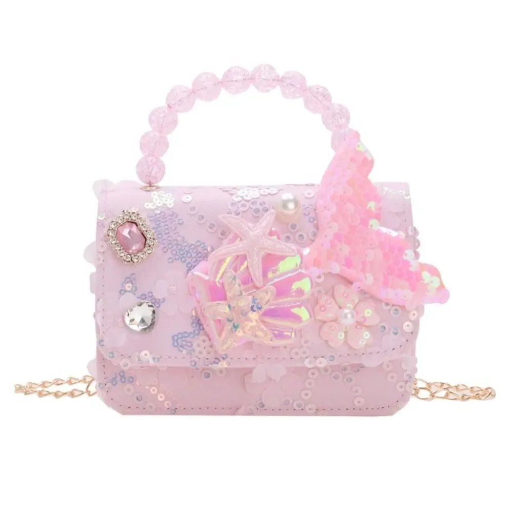Sweet Polyester Kids Shoulder Bag Square Metal Chain Strap Pearl Handbag Pearl Chain Crossbody Purse Kids
