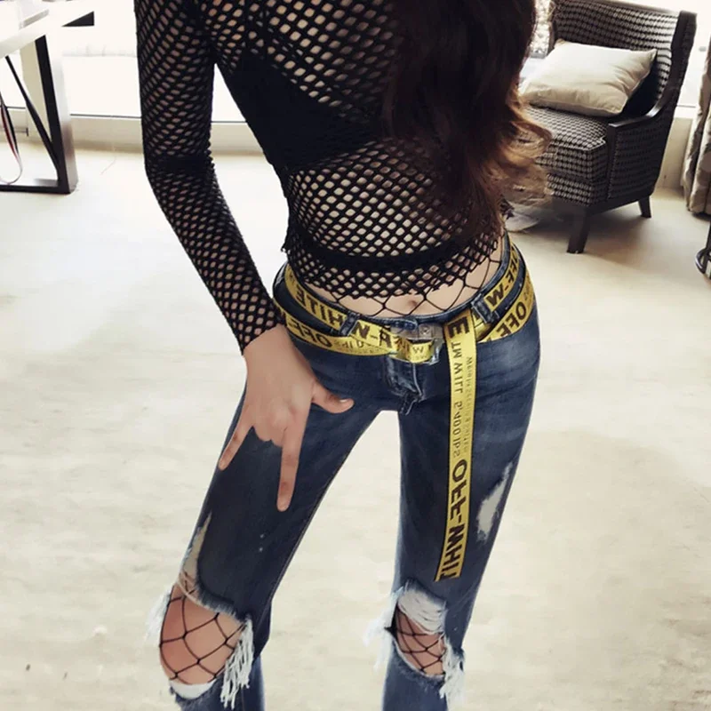 T-shirt Sexy per donna Goth Black Skinny Mesh See Through manica lunga Tees Pullover Crop Top Gothic dolcevita Streetwear
