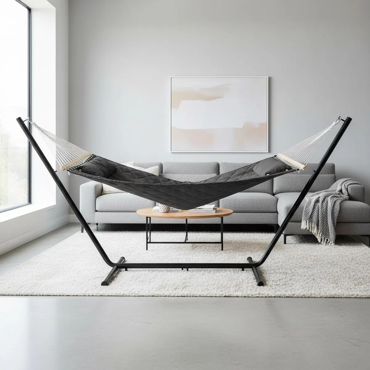 Large Gray Quilted Hammock for Two Adults Sturdy Metal Stand 450lb Capacity Indoor Outdoor Use