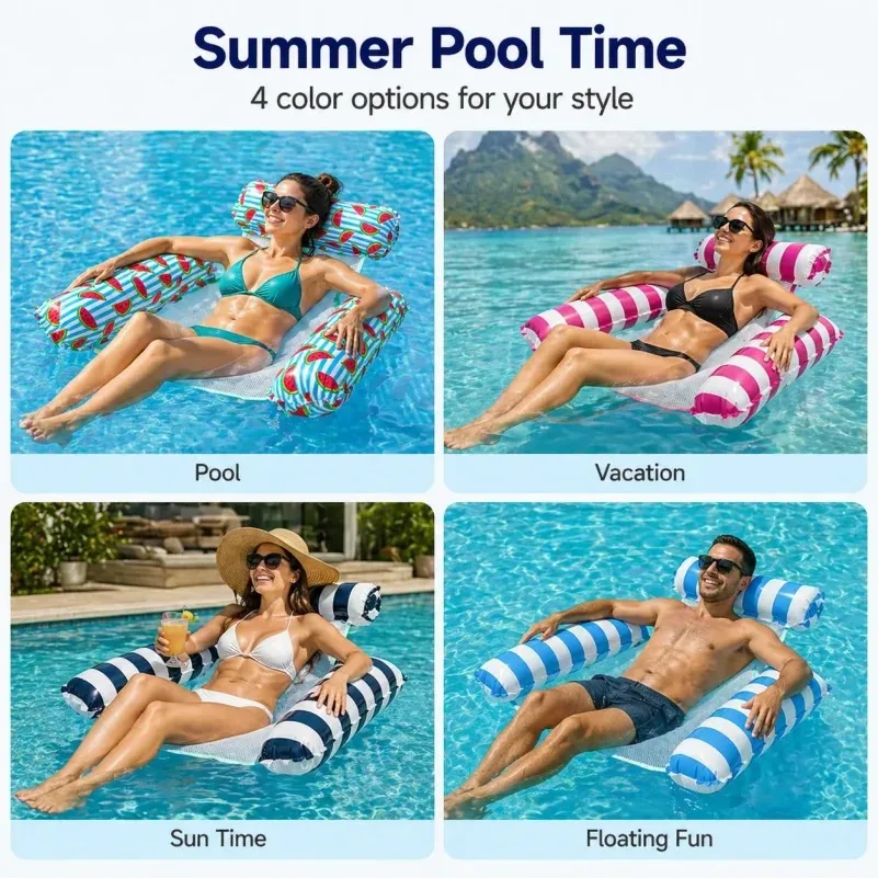 Colchoneta inflable para adultos, silla reclinable plegable con respaldo, cama flotante inflable a rayas, hamaca individual.