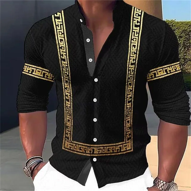 Men\'s 3D Printed Lapel Cardigan Shirt Long Sleeve Casual Retro Ethnic Style Men\'s Shirt New Four-Way Elastic Long Sleeve Shirt S