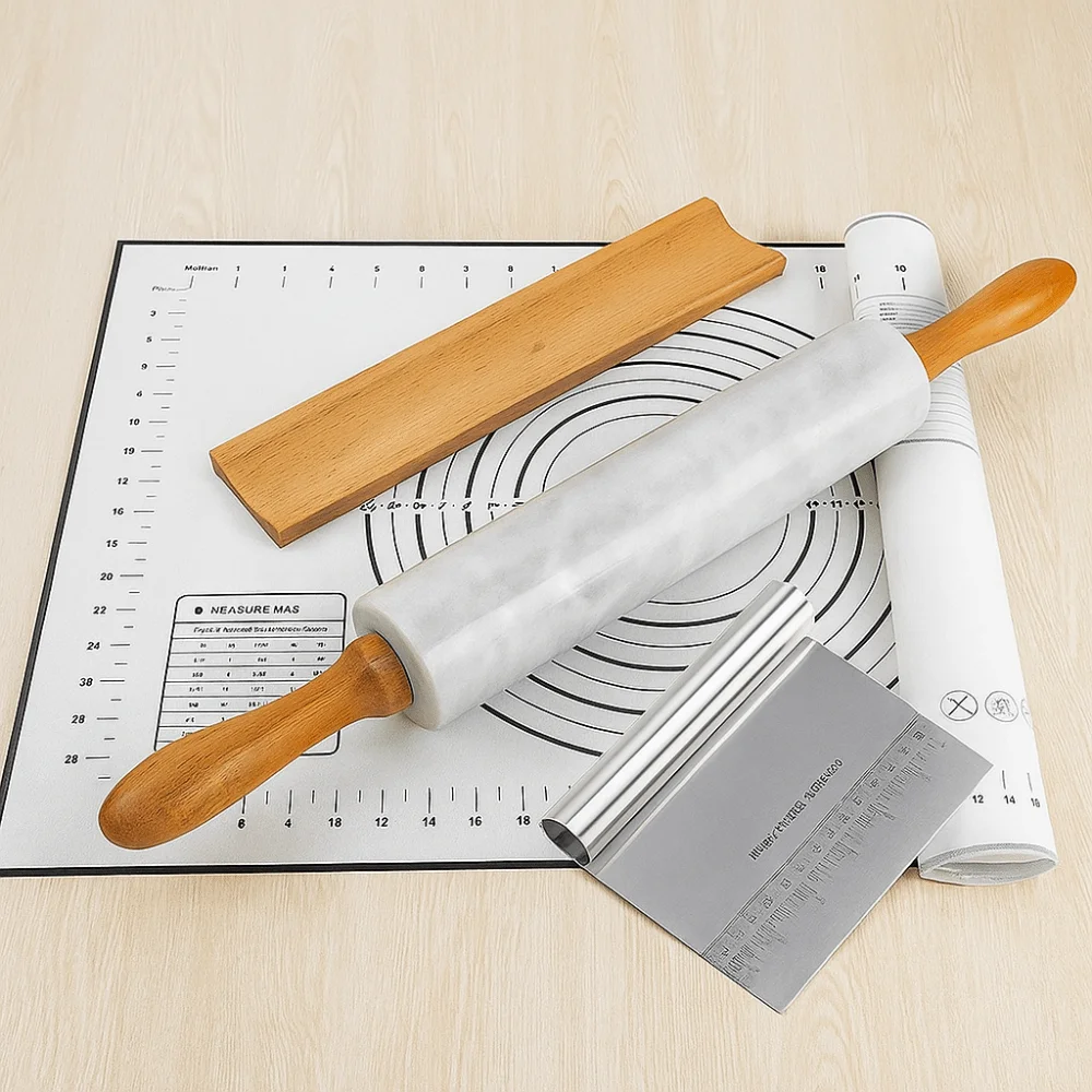 

Durable Wooden Handle Marble Rolling Pin Smooth Surface Nonstick Dough Roller with Storage Base Rolled-out Dough Stick Fondant