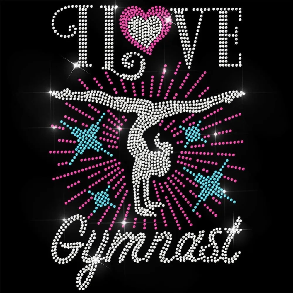 Strass-Aufnäher zum Aufbügeln, „I Love Gymnast Bling Hotfix“-Aufnäher für Kleidung, 11,6 x 8,2 Zoll, große Pailletten-Applikation zum Aufbügeln für Jeans