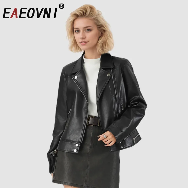 

EAEOVNI, черная модная кожаная женская куртка 2026, весенняя уличная одежда с воротником с лацканами и длинными рукавами на молнии, пальто, верхняя одежда, одежда