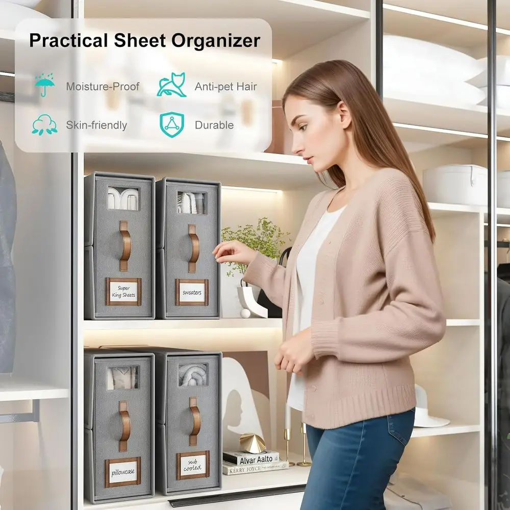 Szary składany organizer na pościel typu Cal King z uchwytem do przechowywania pościeli i poszewek na kołdrę