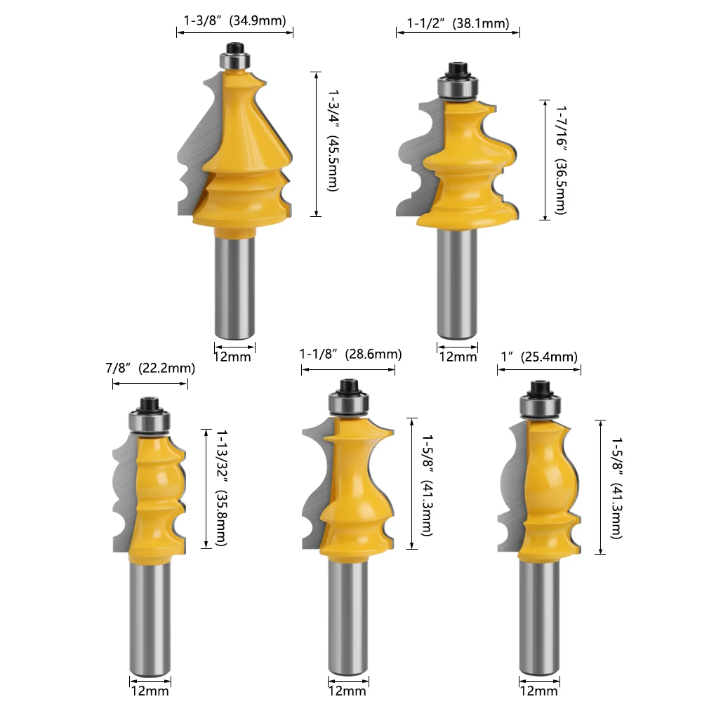 LAVIE 5pcs 12mm 1/2 Inch Shank 12.7mm CNC Line Set Casing & Base Molding Router Bit Woodworking Cutter Milling Cutter MC03087