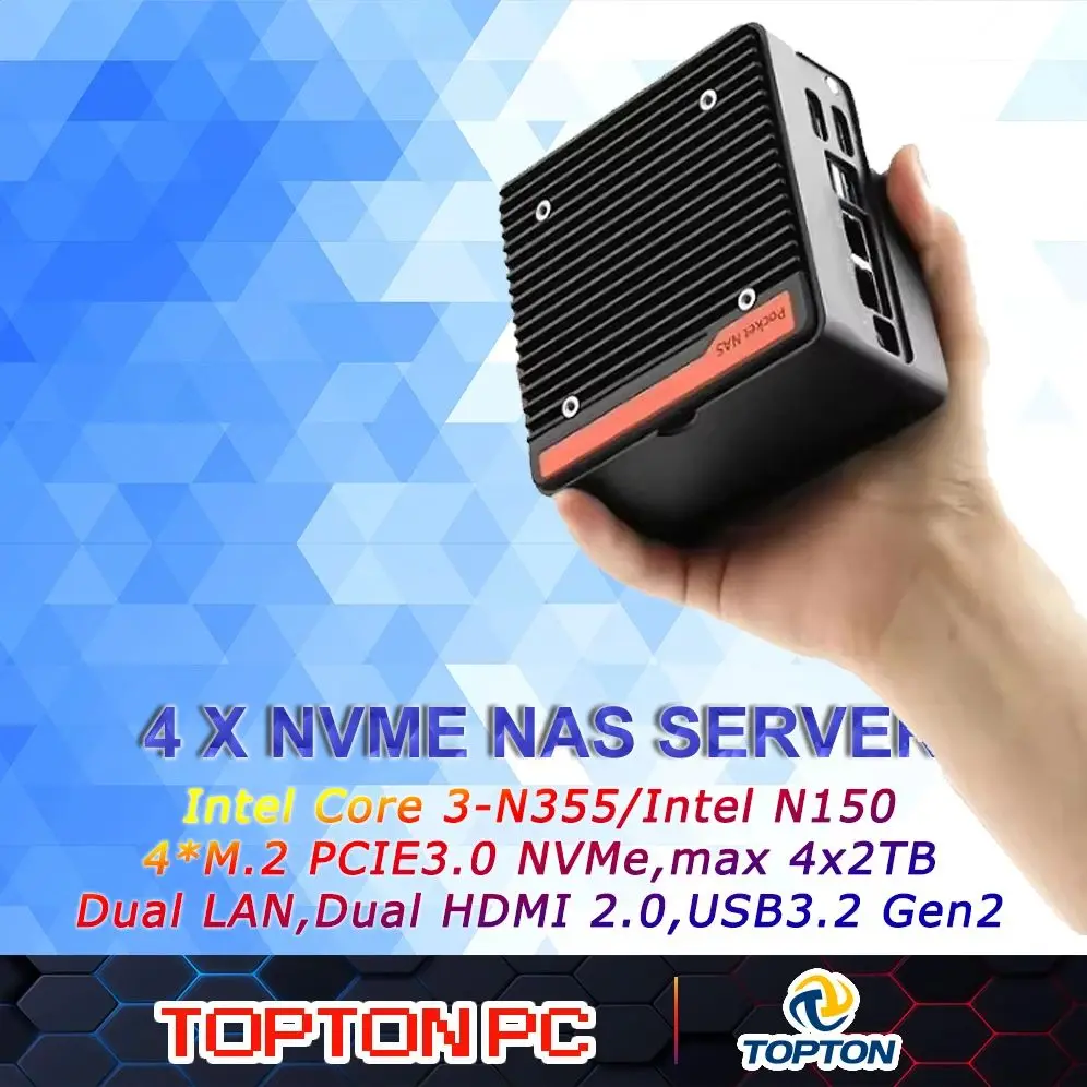 Top 4-Bay NAS Mini PC with Dual 2.5GbE i226-v LAN Ports Intel Core-3-N355 N150 4 M.2 NVMe 2280, Dual 4K, 2 USB 3.2 10Gbps Ports