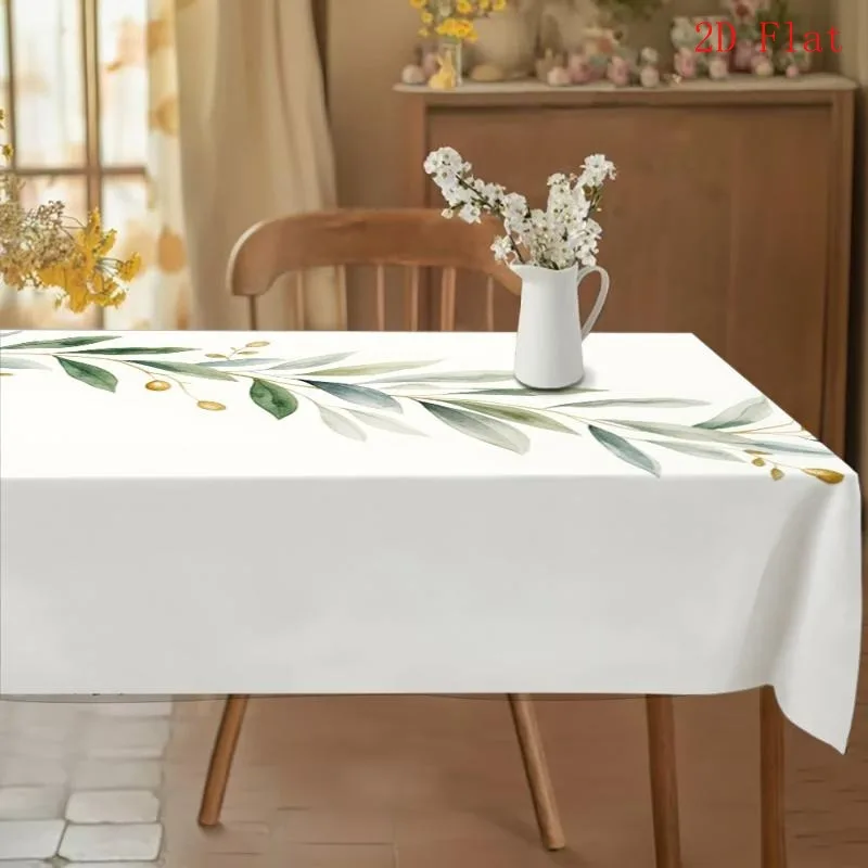 Flat tablecloth, with green leaf pattern and wave-edge design, available in various sizes.