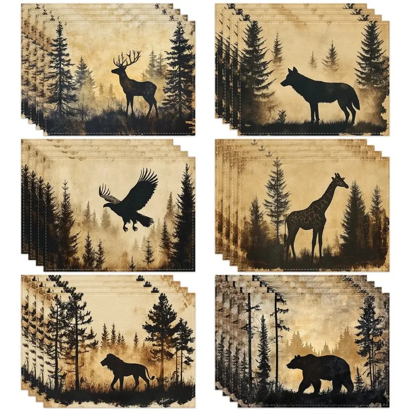 Rustikale Tierwelt bedruckte Tischsets, Hirsch, Wolf, Bär, Designs, Leinen, rutschfeste Geschirr-Pads für Esstisch, Matten, Küchentisch-Dekoration