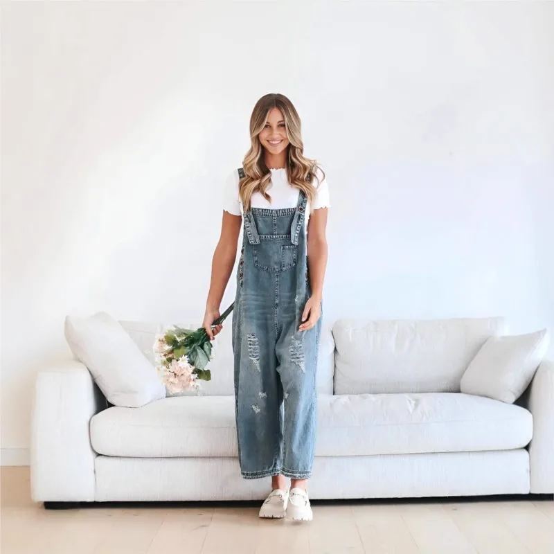 

New Fashionable Retro Loose Wide Leg Pants, Casual Cowboy Strap Pants, Women's Perforated jumpsuit with Pocket Overalls