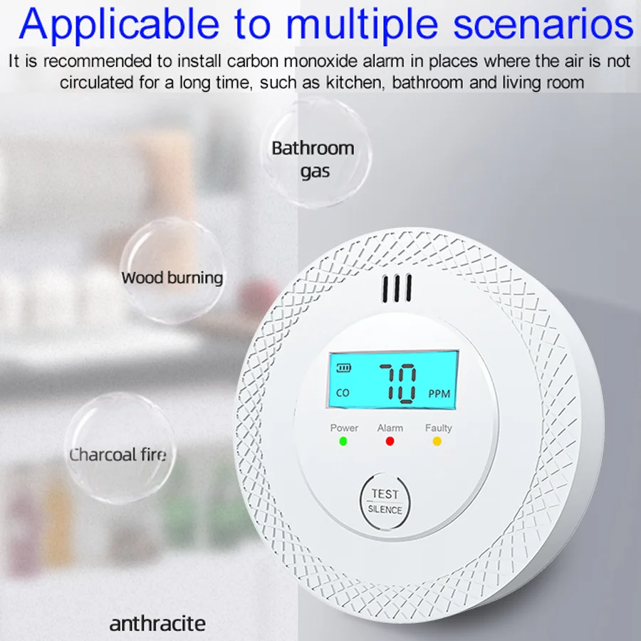 كاشفات أول أكسيد الكربون جهاز كشف إنذار ثاني أكسيد الكربون المستقل مع شاشة رقمية لمكتب المطبخ والمطعم والفنادق