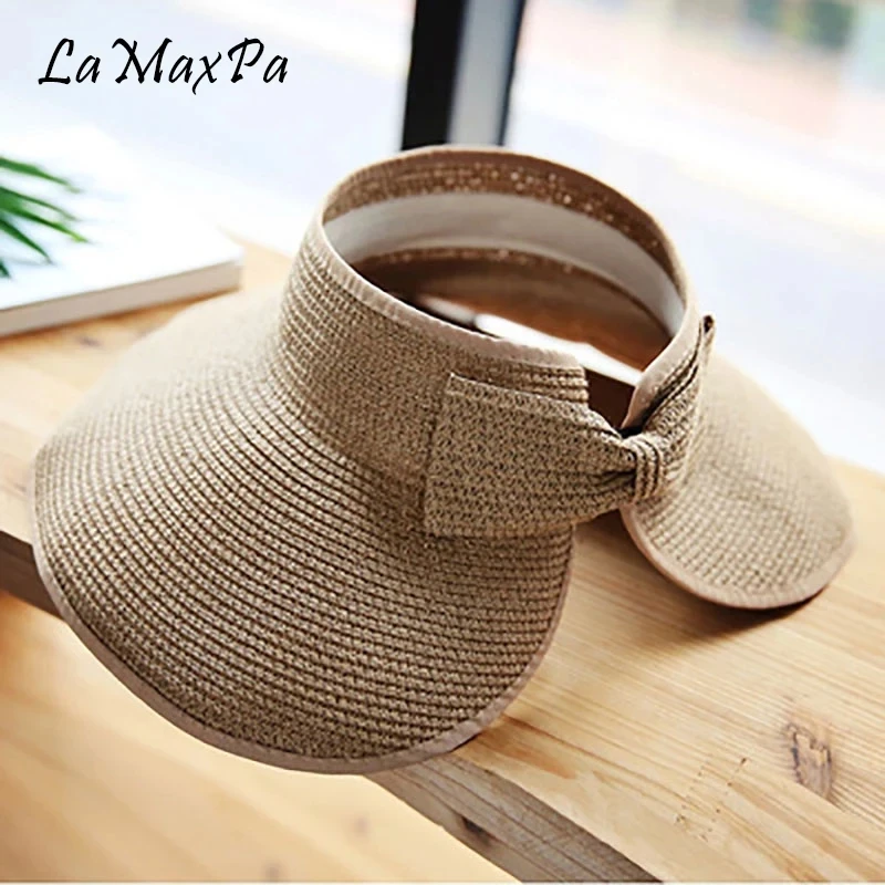 Straw Hat Ladies Summer Collapsible Bow Straw Plaited Empty Top Hat Travel Fashion Hat