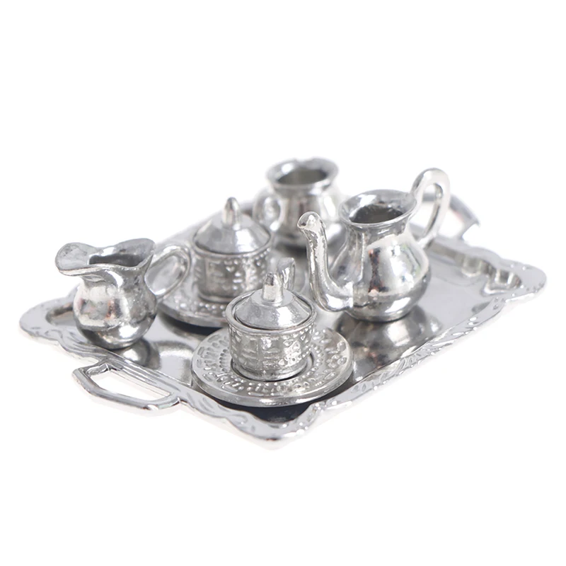 10pcs 1/12 Dollhouse Miniature Silver Metal Tea Coffee Tray Tableware Set