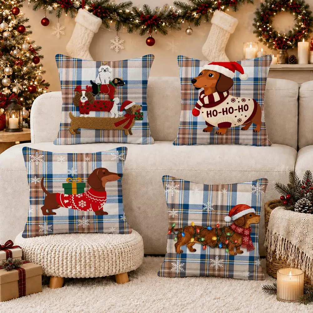 Christmas Sausage Dog Cushion Cover Soft Short Plush Double-Sided Printing Home Decor Festival Party Pillow Case Gift