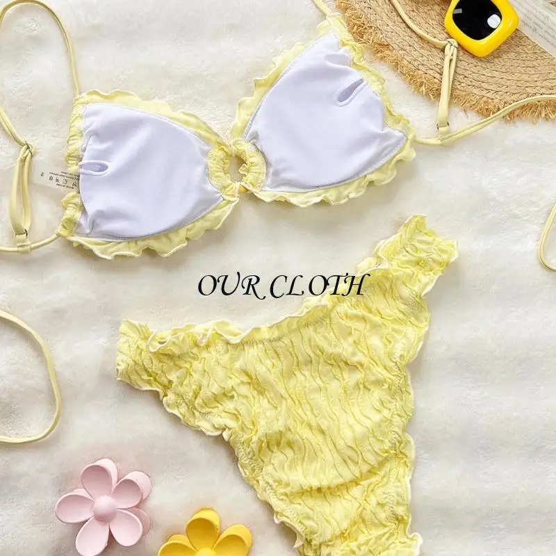 Triangular Set for Women, Frilled Ruffle Trim Two Piece Swimsuit with Circlet Detail for Pools Summer Wear Y1AC