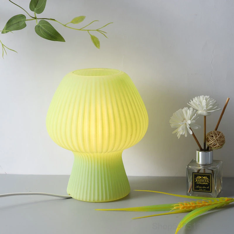 

Korean Ins Striped Mushroom Lamp Retro Glass Table Lamp Bedroom Cute Bedside Desk Lamps Night Stand Light Fixtures Living Room