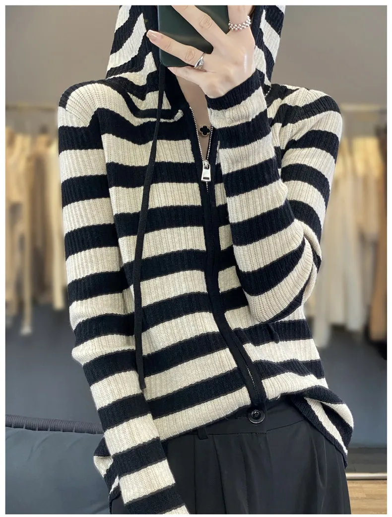 Stripe Color Matching Hooded Knitted Cardigan For Women\'s 2023 New Slimming Paper Sheet Thin Zippered Sweater Outerwear Hoodie