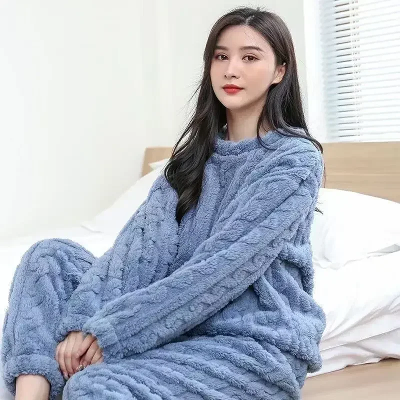 Fleece Women Pajamas Set Winter Sleepwear Solid Velvet 2 Piece Pant Home Suit Fluffy Casual Piiama Warm O-neck Night Wear