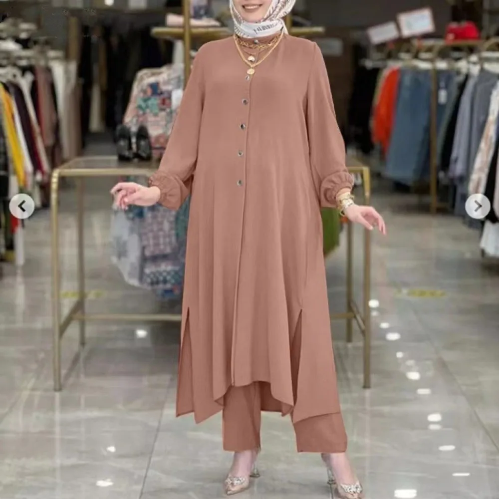 Muslim Dress for Women Blouse 2 Piece Set Long Sleeve Abaya Shirt Wide Leg Pant Suits Arabic Dubai Dresses Musulman Ensembles