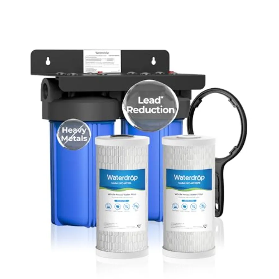 

Двухступенчатая система фильтрации воды для всего дома с угольным и осадочным фильтром, высокоэффективно уменьшающая содержание свинца, ПФАС и тяжелых металлов, 5-ступенчатая