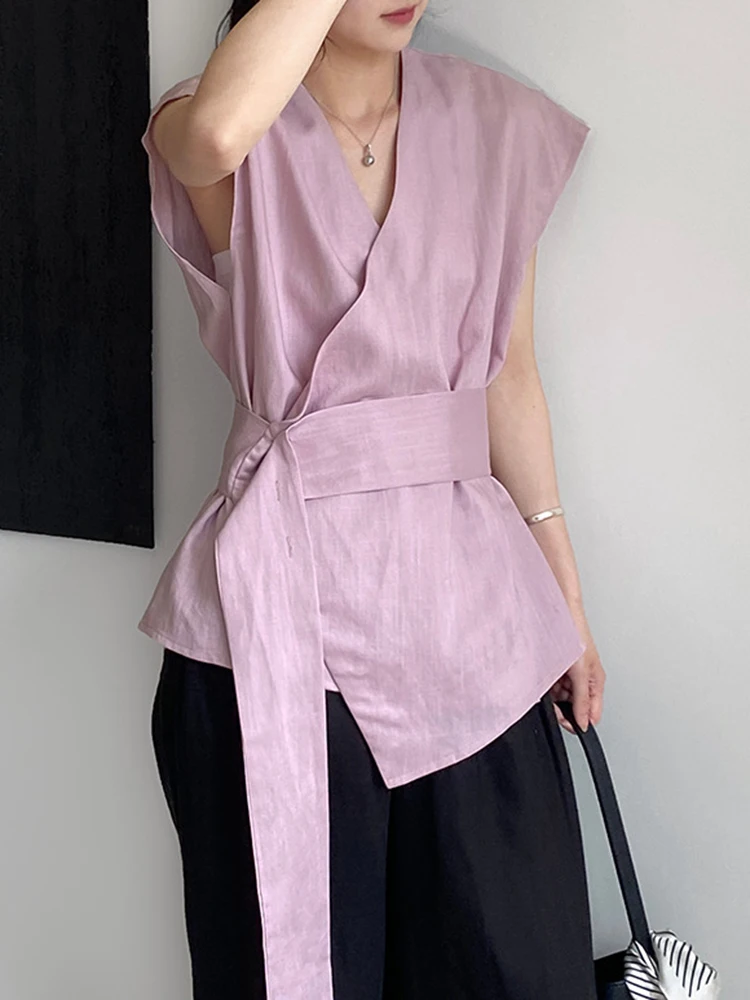 YERMORA White Linen Asymmetric Ribbon Casual Blouse For Women V-neck Sleeveless Loose New Vest Shirt Fashion Tdie Spring Summer