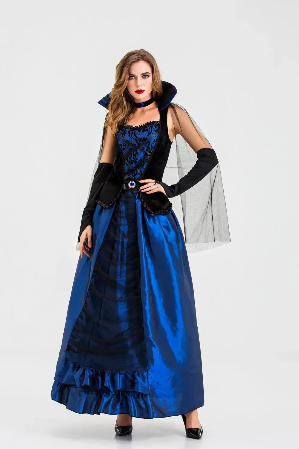 Adult Queen Of The Vampire Costume Blue Luxury Queen Fancy Party Dresses Womens Halloween Witch Performance Uniform