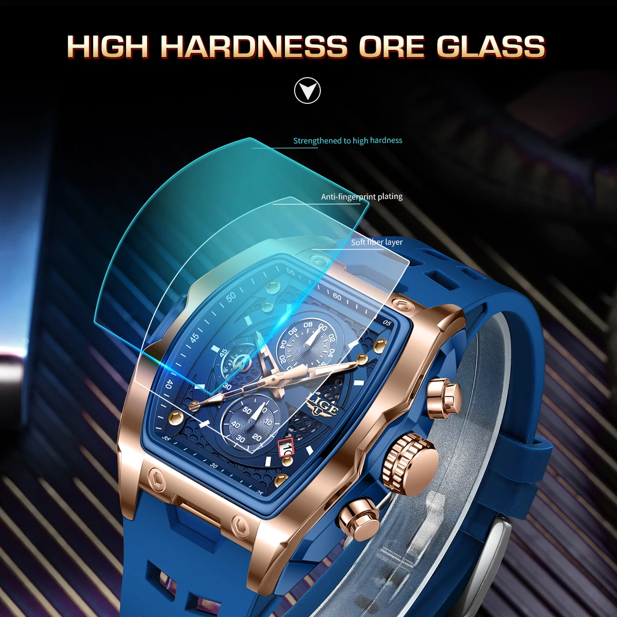 LIGE Square Fashion Luxury Quartz Man Watch Outdoor Casual Sports Silicone Strap Waterproof Luminous Hollow Wristwatches for Men