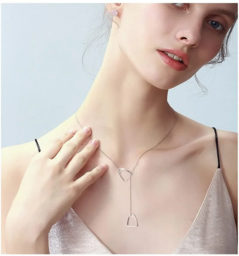 Horse Gift Jewelry Simple Stainless Steel Double Horse Stirrup Lariat Y Layering Chain Necklace Horse Gifts for Women Girls