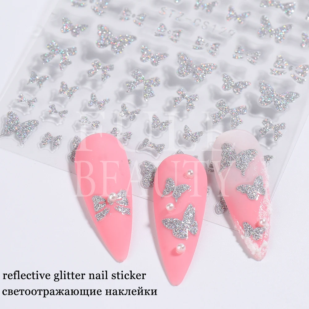 Reflective Glitter Love Heart Nail Sticker Silver Butterfly Cute Bear Nail Sliders Stars Rose Design Sparkle Decals GLSTZ-CS124