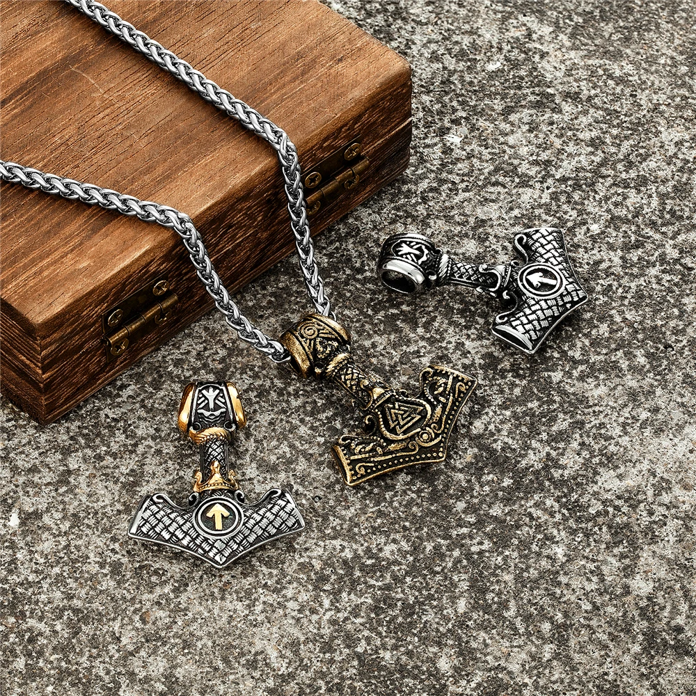 Vikings Crown Thor\'s Hammer Necklaces Men Stainless Steel Norse Mythology Runes Valknut Pendant Amulet Scandinavian Male Jewelry