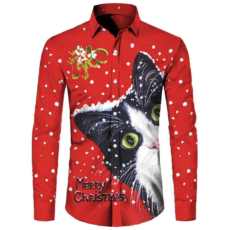 2023 Men's Santa Claus Series Personalized Fashionable Lapel Printed Versatile Long-Sleeved Large Size Shirt