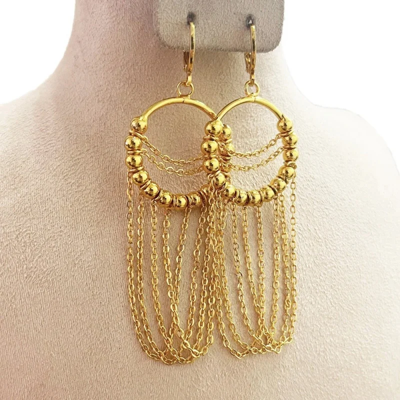 Luxury 100% Real 24K Gold Dramatic Circle Tassel Earrings Exquisite Hoop With Round Beads For Women