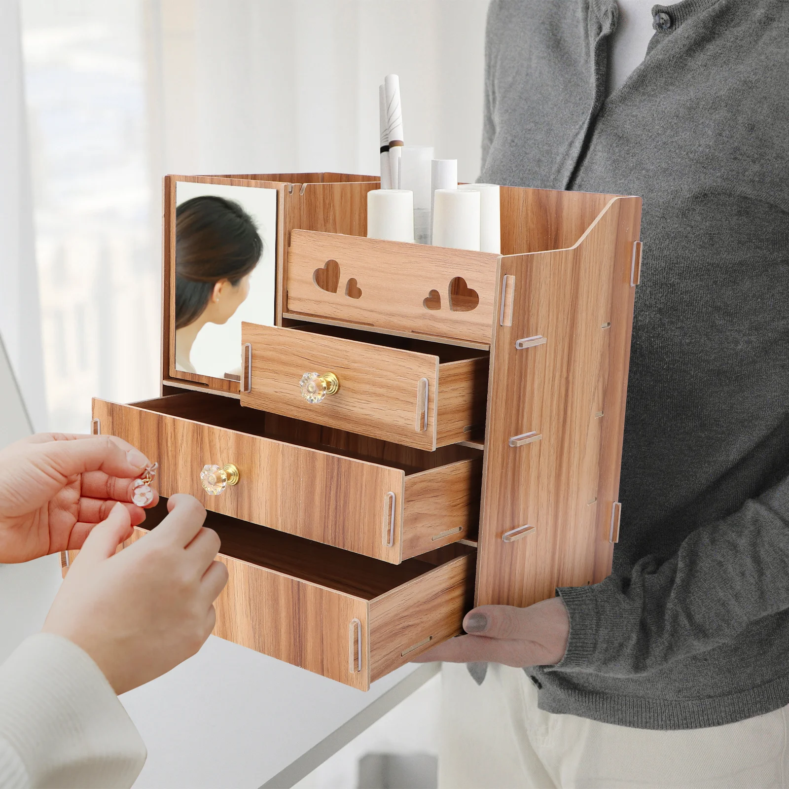 1Pcs Desktop Cosmetics Storage Rack Sturdy Wooden Material Non-Deformable Structure with Mirror and Tissue Holder Space-Saving