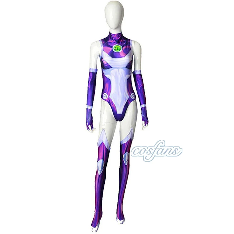 코스프레 Starfire 슈퍼 히어로 점프 슈트 Zentai Bodysuit 할로윈 애니메이션 코스프레 의상 섹시한 여성 카니발 파티 의상