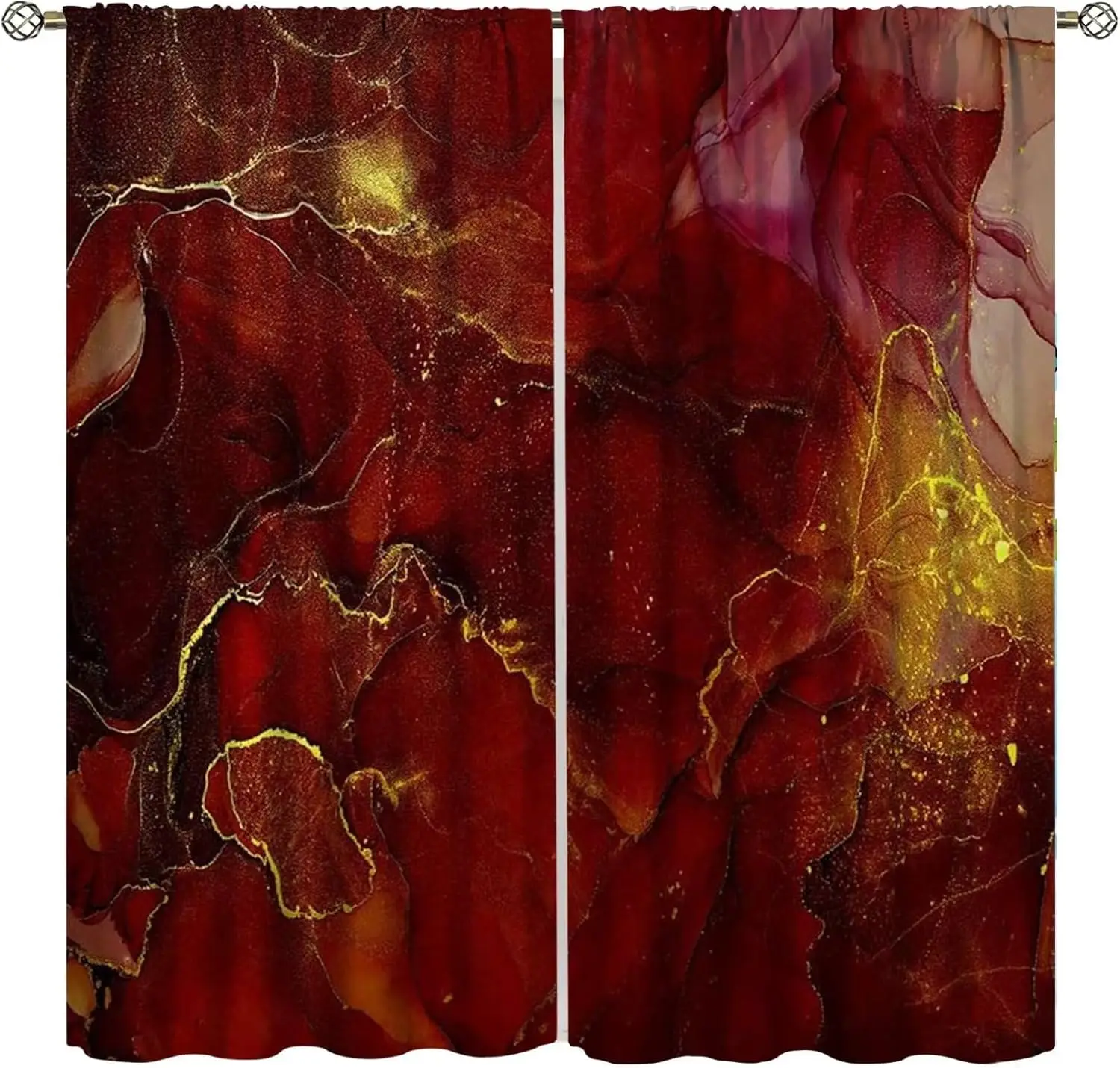 Marble Curtains, Red Gold Abstract Geometry Pattern Texture Window Treatments for Bedroom Living Room, Red Luxury Marble Drape