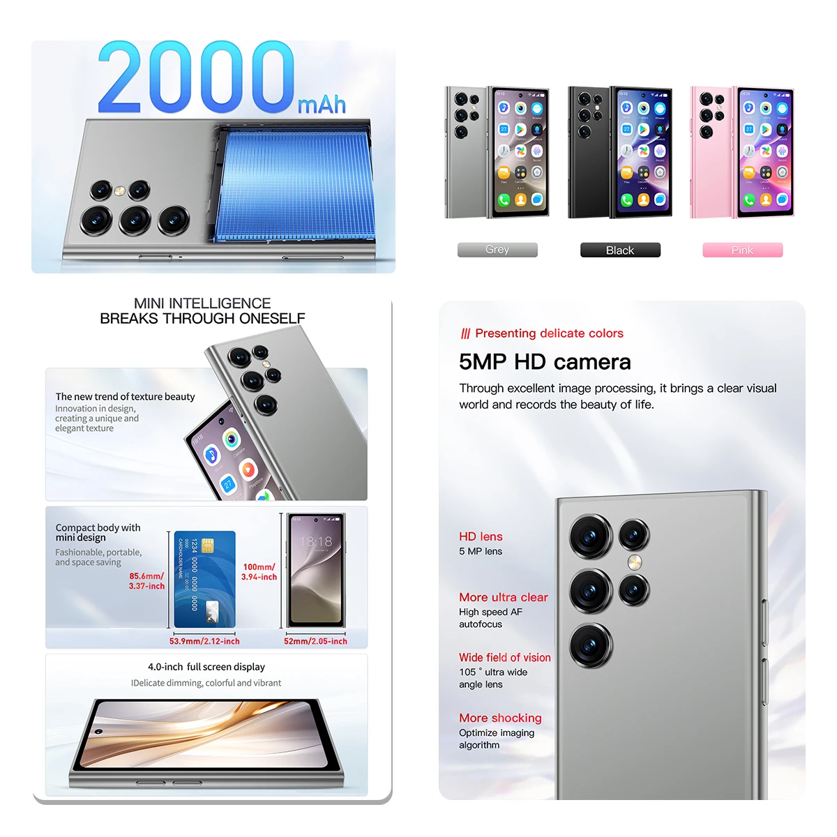 هاتف ذكي صغير من ONEMYTH S25Pro |   4 بوصة + متجر تشغيل + بطارية طويلة المدى 2000 مللي أمبير في الساعة شبكة 3G 2 جيجابايت + 16 جيجابايت أندرويد 10 + متجر بلاي