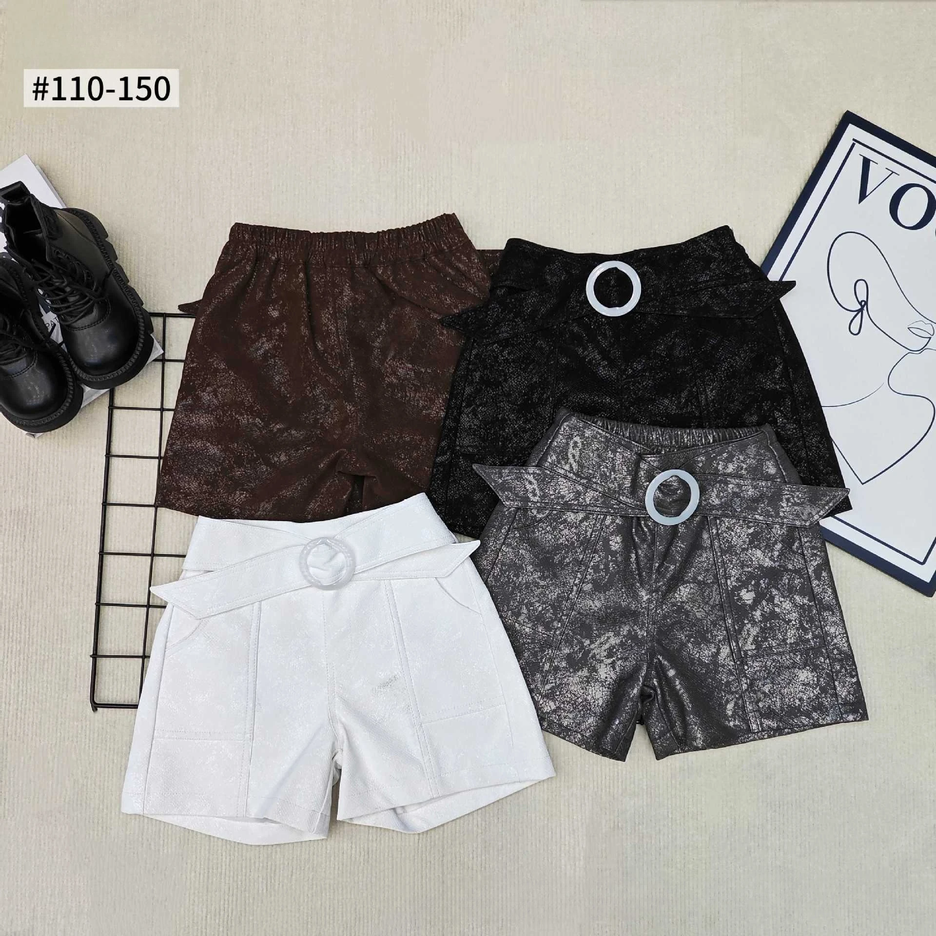 

Girls' bright shorts PU leather waist buckle versatile 2025 autumn 3-8yrars