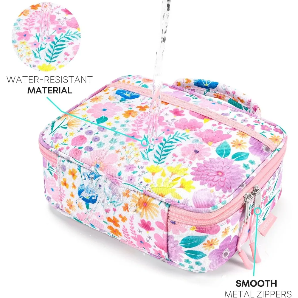 Insulated Lunch Bag for Girls, Reusable Kids Lunch Box with Flower Pink Design, Water-Resistant 900D Polyester, Easy Clean view 5
