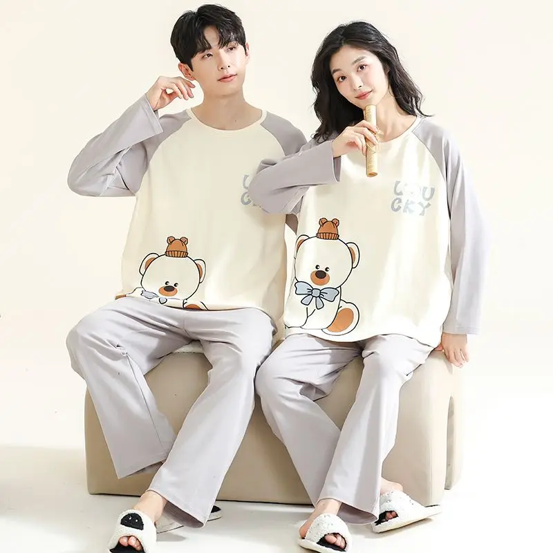 Baju tidur Pasangan piyama katun pria wanita Set Pullover lengan panjang piyama celana Loungewear longgar pakaian Kawaii baru